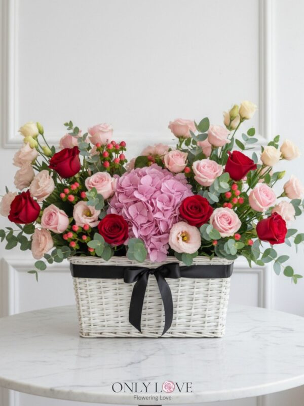 B12 Rose, Eustoma & Hydrangea Flower Basket