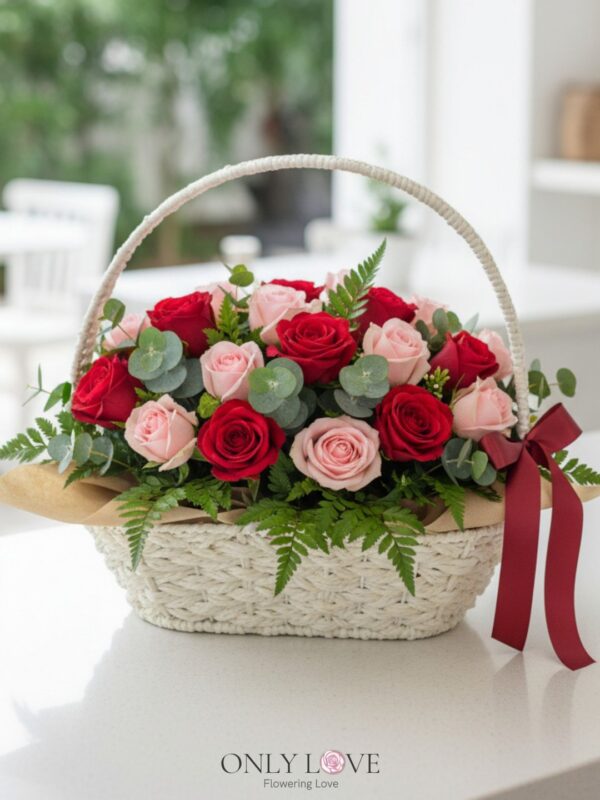 B13 Mixed Color Roses Flower Basket