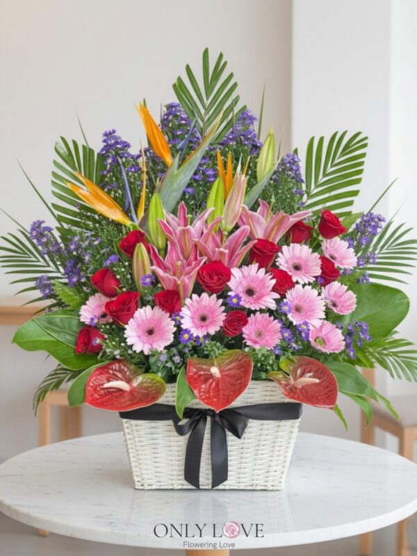 B35 Tropical Rose Lilies Gerbera Flower Basket – Florist Brickfields