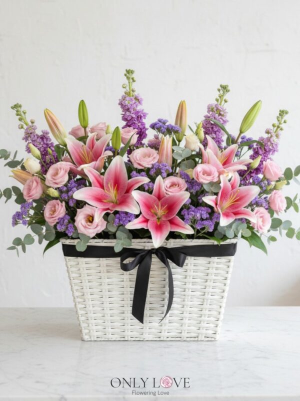 B53 Lilies Eustoma Matthiola Flower Basket – Florist Selayang
